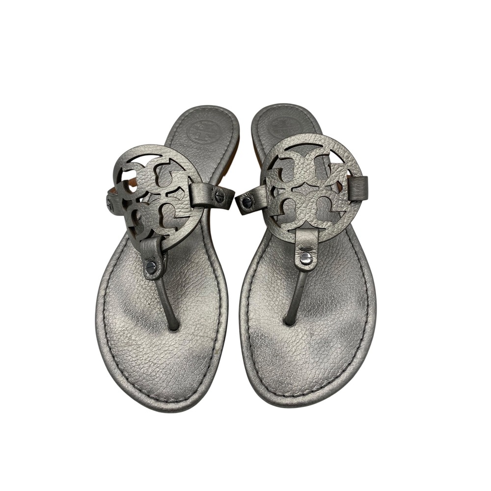 Tory Burch Miller Metallic Pewter Silver Leather Logo Thong Sandals Shoes 9M